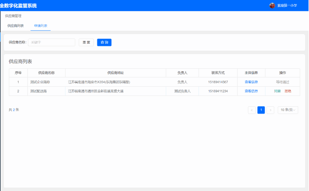 關鍵詞：明廚亮灶，供應商管理，深圳市武智科技，餐飲供應商數字化管控;描述：深圳市武智科技的明廚亮灶供應商管理系統界面，實現餐飲供應商數字化管控與信息管理